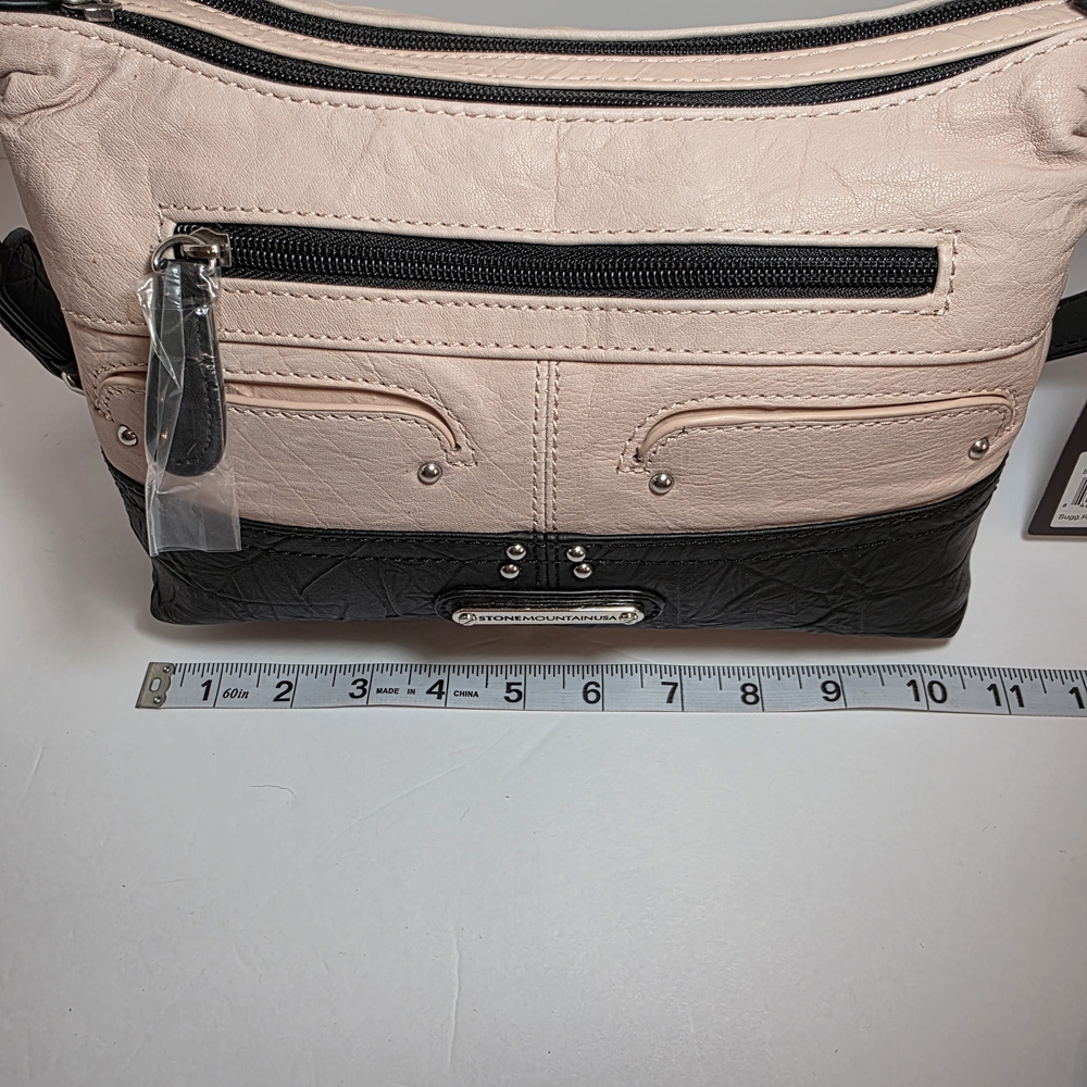 Stone Mountain Leather Shoulder Bag - Adjustable Strap Two-Tone Black and Blush - Picture 12 of 16